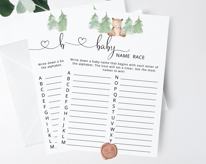 Bear Baby name race Baby Shower Game. Woodland baby name race game. Woodland Guessing Game. Bear Baby Shower Games. Instant Download #w2