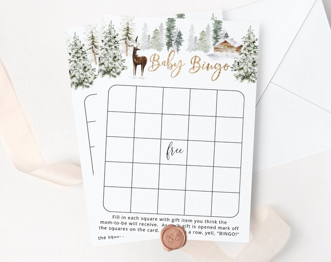 Winter Baby Shower Bingo Card. Winter Baby Shower games. Snowy woodland  baby bingo card. Deer baby shower games Instant Download #w3