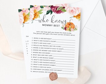 Fall Baby Shower Game: Who Knows Mommy Best, Floral Pumpkin (Digital Download)  #p2