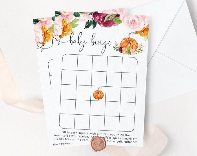 Fall Baby Shower Bingo Card. Pumpkin Baby Shower game printable. Little pumpkin baby bingo card. Instant Download #p2