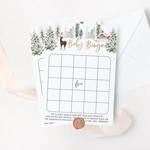 Carte de bingo de douche de bébé d'hiver. Jeux de baby shower d'hiver. Carte de bingo bébé boisée enneigée. Jeux de baby shower de cerf Téléchargement instantané #w3