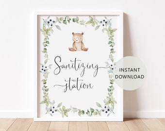 Sanitizing Station Sign Printable. Greenery bear sanitizing station sign. Little bear Social Distance  Sign Instant Download #w1