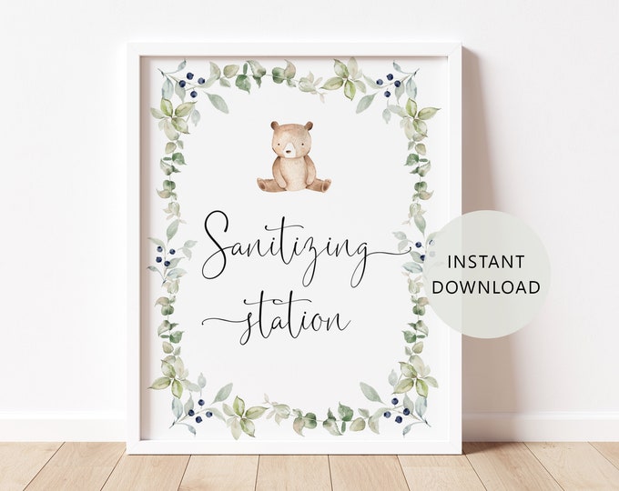 Sanitizing Station Sign Printable. Greenery bear sanitizing station sign. Little bear Social Distance  Sign Instant Download #w1