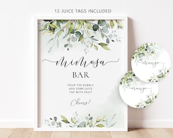 Greenery Mimosa Bar Sign, Mimosa Bar Printable, Bubbly Bar Sign. Eucalyptus Bridal Shower Decoration Signs, mimosa bar juice tags #01
