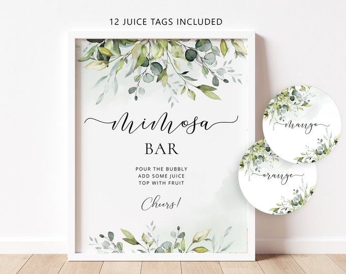 Greenery Mimosa Bar Sign, Mimosa Bar Printable, Bubbly Bar Sign. Eucalyptus Bridal Shower Decoration Signs, mimosa bar juice tags #01