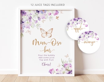 Butterfly Mom-osa Bar Sign, Butterfly Bubbly Bar Sign. Purple gold Baby Shower Decoration Signs, Butterfly momosa bar juice tags #06