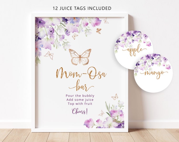 Butterfly Mom-osa Bar Sign, Butterfly Bubbly Bar Sign. Purple gold Baby Shower Decoration Signs, Butterfly momosa bar juice tags #06