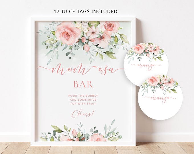 Blush Mom-osa Bar Sign, Floral Bubbly Bar Sign. Blush pink Baby Shower Decoration Signs, peach momosa bar juice tags #fl2