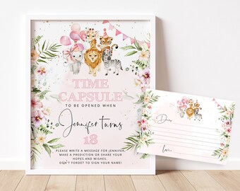 Safari Time Capsule Sign and message card. First Birthday Time Capsule Sign with Matching Message Card. Girl safari birthday saf2