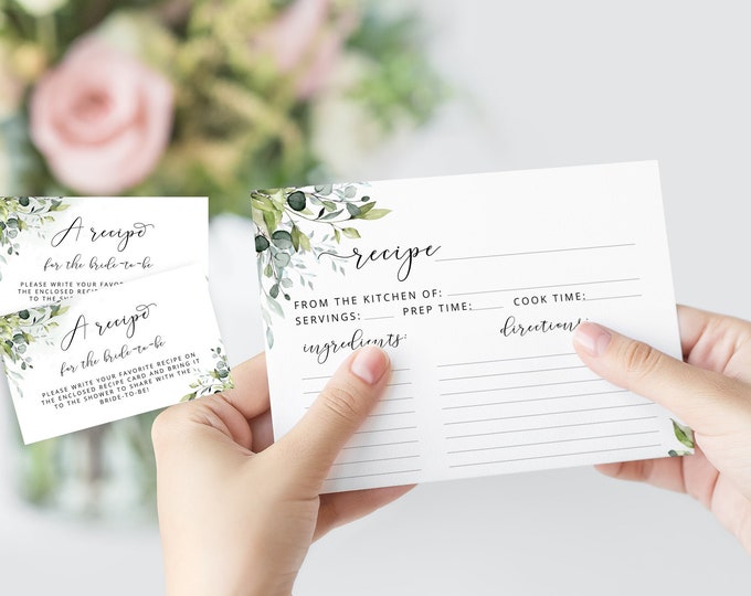 Greneery recipe card. Eucalyptus recipe card and insert. Greenery Bridal shower recipe card. Instant download #01