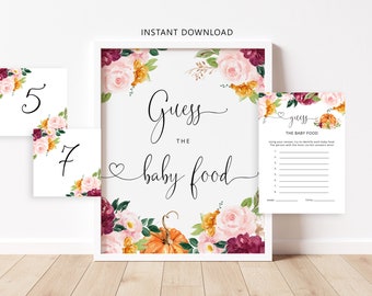 Fall guess the baby food game. Floral burgundy Guess the baby food baby shower game.  Instant Download #p2