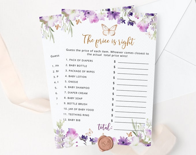 The Price is Right Game. Butterfly the price is right game. Purple Guessing Game. Purple baby shower games. Instant Download #06