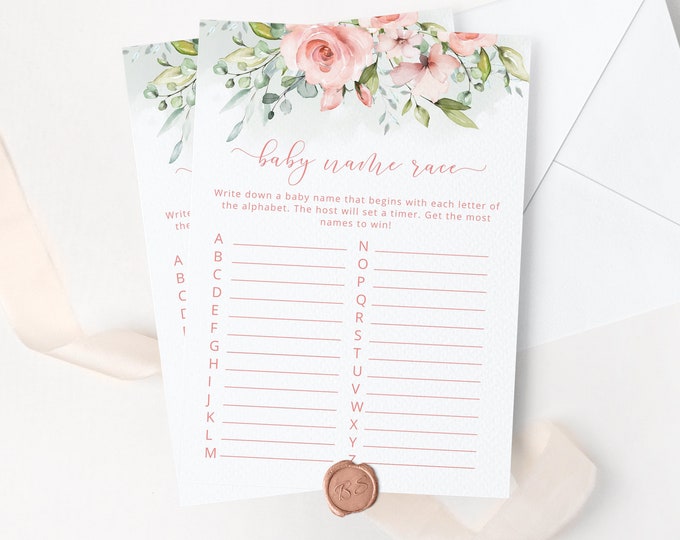 Baby name race Baby Shower Game. Floral baby name race game. Blush pink Guessing Game. Girl Baby Shower Games. Instant Download #fl2