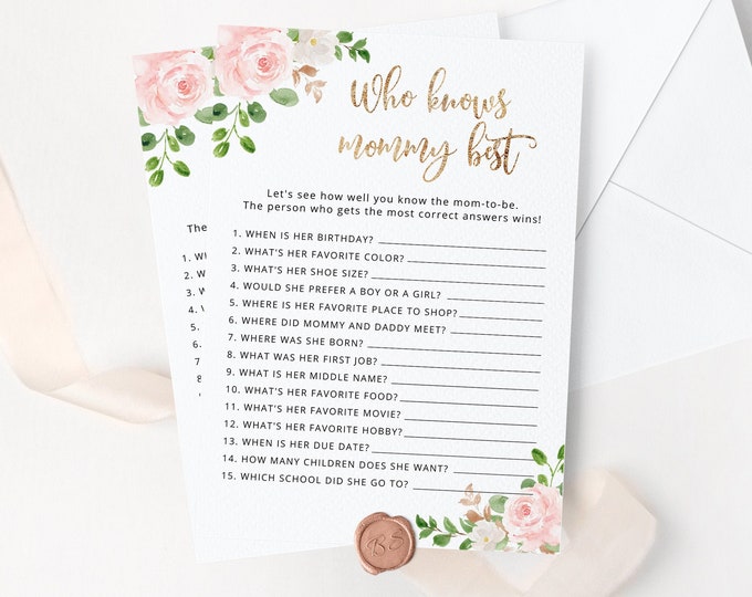 Who Knows Mommy Best game. Printable blush pink gold baby shower game. Floral Baby Shower Game. Instant Download #fl1