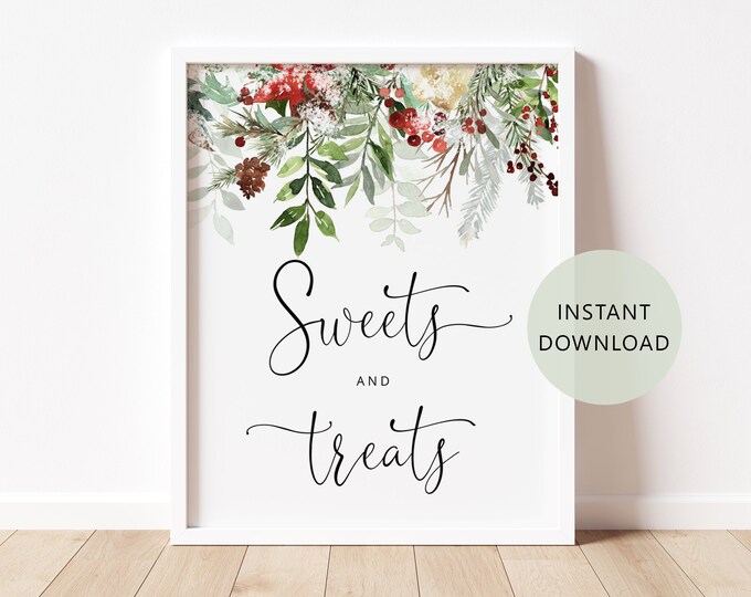 Winter Sweets and treats sign. Evergreen sweets and treats Sign. Winter baby shower decor. Instant Download #rg2