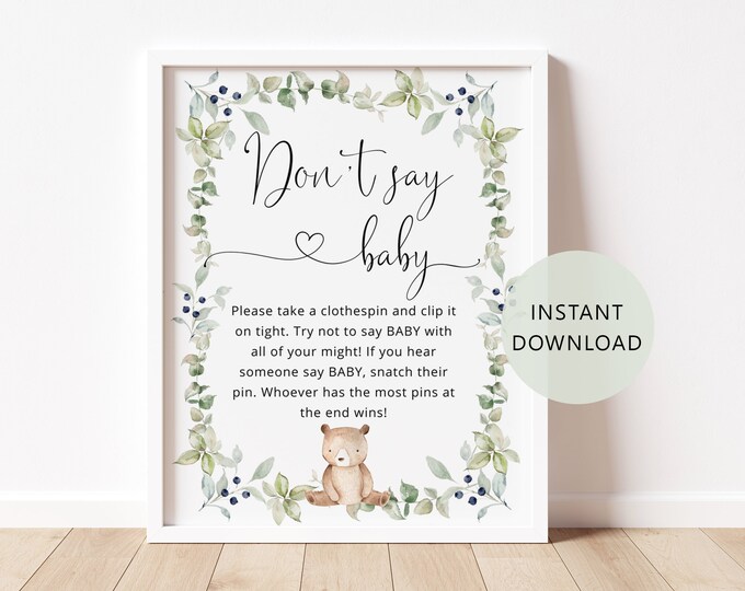 Don't say baby game sign. Bear baby shower decor. We can bearly wait baby shower. Instant Download #w1