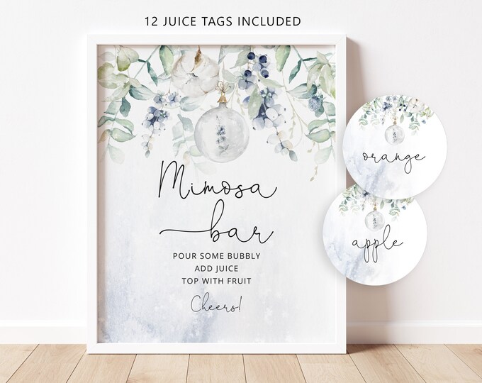 Winter Mimosa Bar Sign, Bridal Bar Printable, Bubbly Bar Sign, Eucalyptus Bridal Shower Decoration Signs, mimosa bar juice tags #wb3