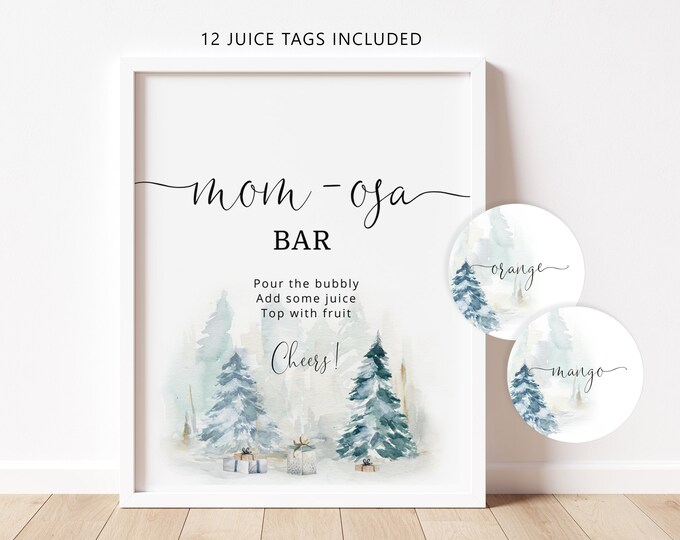 Winter Mom-osa Bar Sign, Evergreen trees Bubbly Bar Sign. Winter Baby Shower Decoration Signs, winter mom-osa bar juice tags #ad4