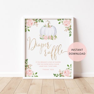 Pumpkin diaper raffle sign. Fall diaper raffle sign. Blush pink gold Fall baby shower decor. Fall baby shower decor Instant Download #p3
