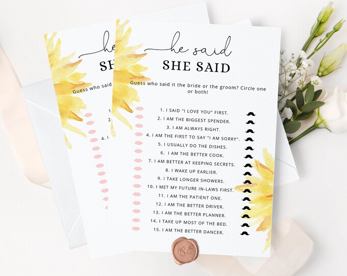 He said she said Bridal Shower Game, Printable sunflower bridal Shower Games. Bride or Groom Hen Party Games Instant Download #sun1