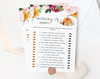 Pumpkin Guess Who Said It Mommy or Daddy. Pumpkin Baby Shower Game. Fall Mommy or Daddy Guess Who Baby Game Instant Download #p2