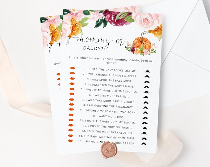 Pumpkin Guess Who Said It Mommy or Daddy. Pumpkin Baby Shower Game. Fall Mommy or Daddy Guess Who Baby Game Instant Download #p2
