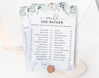 Winter Would She Rather Bridal Shower Game, Printable winter Wedding Shower Games. Bachelorette Party Games, Hen Party Games #wb3