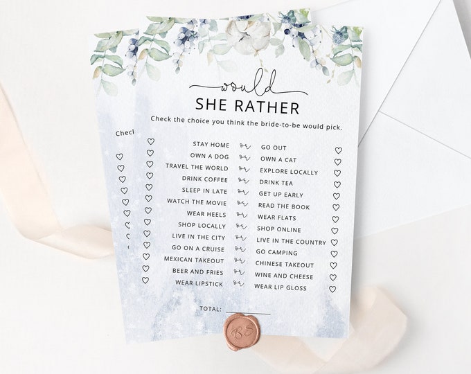 Winter Would She Rather Bridal Shower Game, Printable winter Wedding Shower Games. Bachelorette Party Games, Hen Party Games #wb3