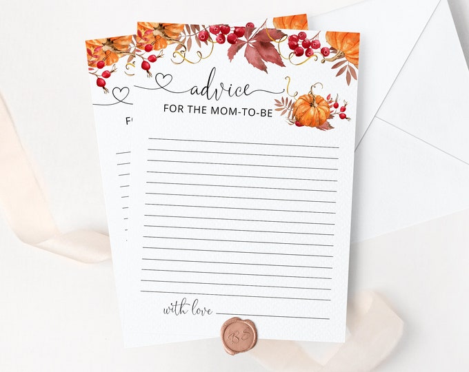 Pumpkin advice for mom to be cards. Fall Advice cards for new mom.  Advice cards for gender neutral baby shower. Instant download #p1