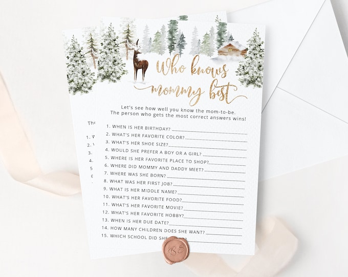 Winter Who Knows Mommy Best. Winter baby shower games.  Forest deer Baby Shower Game Printable. Instant Download #w3