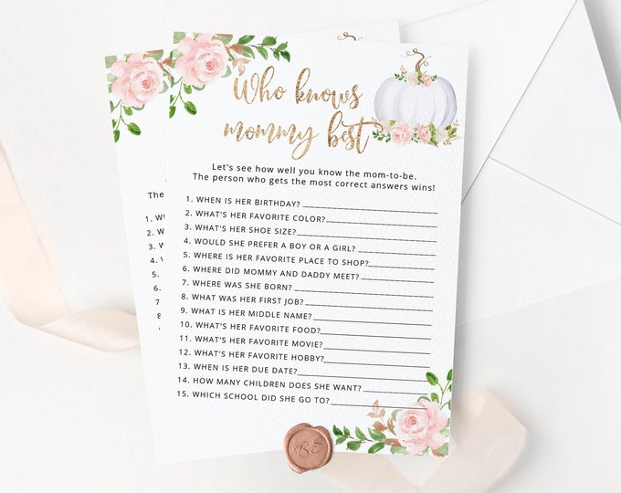 Pumpkin Who Knows Mommy Best game. Printable blush pink gold Pumpkin baby shower game. Fall Baby Shower Game. Instant Download #p3