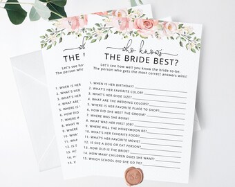Floral Who Knows the Bride Best game. Bridal Shower Games, How Well Do You Know the Bride game. Instant Download #br2