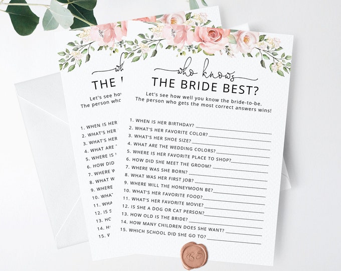 Floral Who Knows the Bride Best game. Bridal Shower Games, How Well Do You Know the Bride game. Instant Download #br2