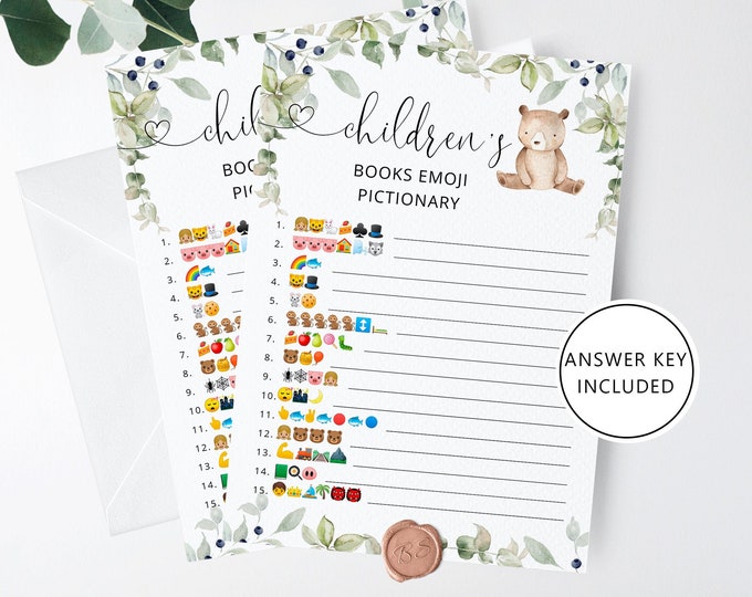 Children's Book Emoji Pictionary. Woodland Baby Shower emoji pictionary guessing game with answers. Bear baby shower Instant download #w1
