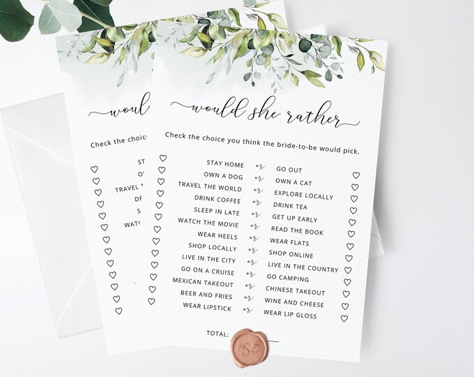 Greenery Would She Rather Bridal Shower Game, Printable Wedding Shower Games. Bachelorette Party Games, Hen Party Games #01