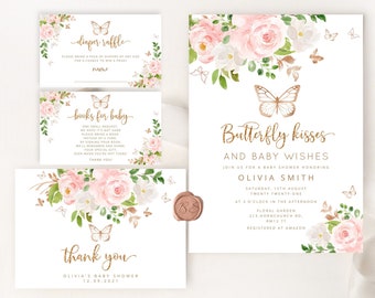 Butterfly Baby Shower Invitation template. Blush gold butterfly baby shower invitation bundle. Butterfly kisses and baby wishes invite  #05