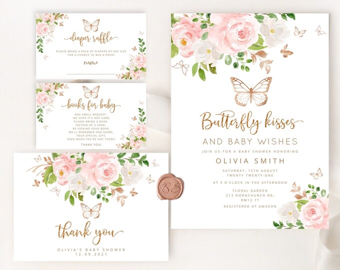 Butterfly Baby Shower Invitation template. Blush gold butterfly baby shower invitation bundle. Butterfly kisses and baby wishes invite  #05