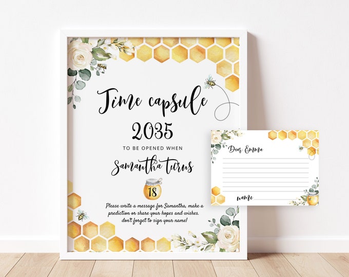 Bee Time Capsule Sign and message card. Bumblebee Time Capsule with Matching Message Card. Sweet to bee one birthday #bee