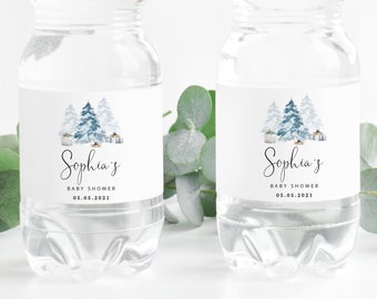 Winter Baby Shower Water Bottle Labels. Pine tree Water Bottle Labels. Editable winter water bottle label.  Corjl template #ad4