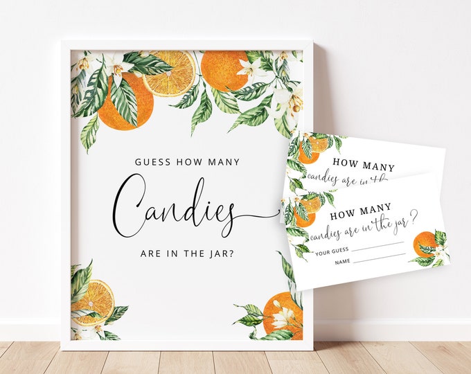Guess How Many Candies Are In The Jar. Orange Baby Shower Game. Citrus guess how many guessing game.  Instant Download #or1