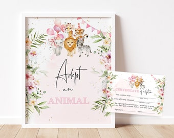 Adopt an Animal Birthday Sign. Girl safari  adoption certificate. Wild one Girl jungle birthday party decor. Wild animals deocor #saf2
