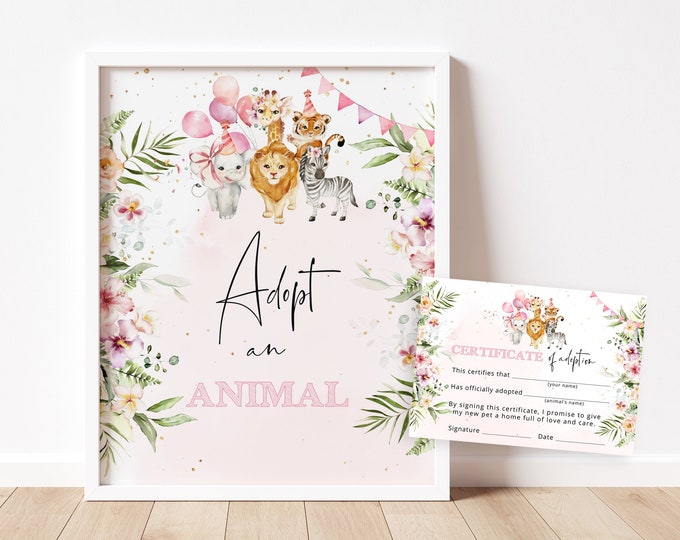 Adopt an Animal Birthday Sign. Girl safari  adoption certificate. Wild one Girl jungle birthday party decor. Wild animals deocor #saf2