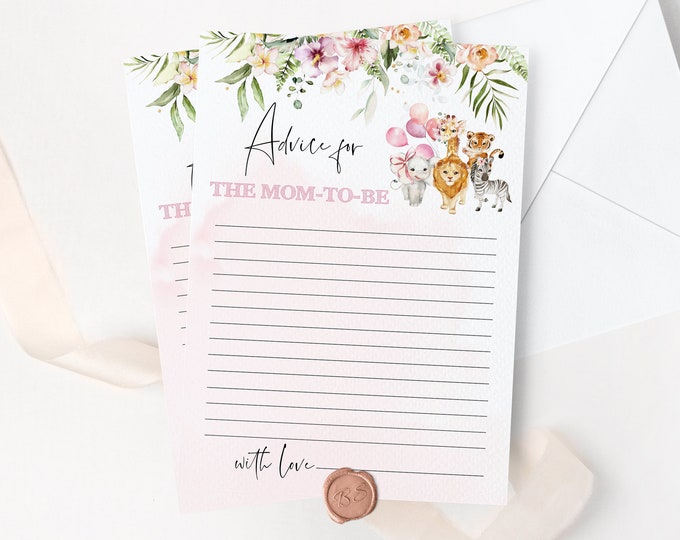 Safari advice for mom to be cards. Jungle Advice cards for new mom. Advice cards for safari girl baby shower. Instant download #saf1