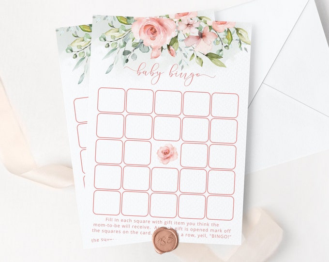 Floral Baby Shower Bingo Card. Peach Baby Shower game printable. Greenery Blush baby bingo card. Instant Download #fl2