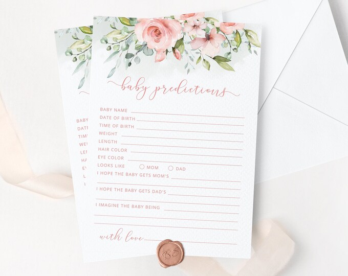 Blush predictions for the baby card. Greenery Baby Shower Game. Peach floral Baby predictions card Instant Download #fl2