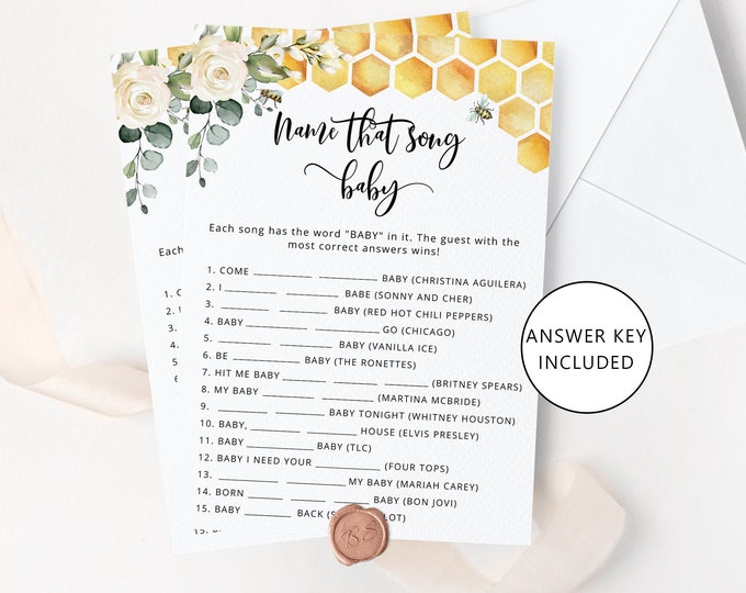 Bee Name that song baby game. Honey name that song baby shower game. Bee baby shower games. Instant Download #bee