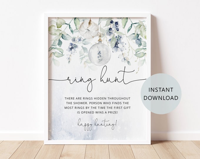 Winter Ring Hunt Game. Eucalyptus Ring Hunt Sign. Winter Bridal Shower Game. Instant Download #wb3