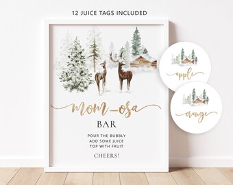 Winter Mom-osa Bar Sign, Forest Bubbly Bar Sign. Winter snowy Baby Shower Decoration Signs, winter deer mom-osa bar juice tags #w3