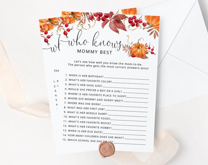 Who Knows Mommy Best game. Printable Pumpkin baby shower game. Fall Baby Shower Game. Fall baby shower activities. Instant Download #p1