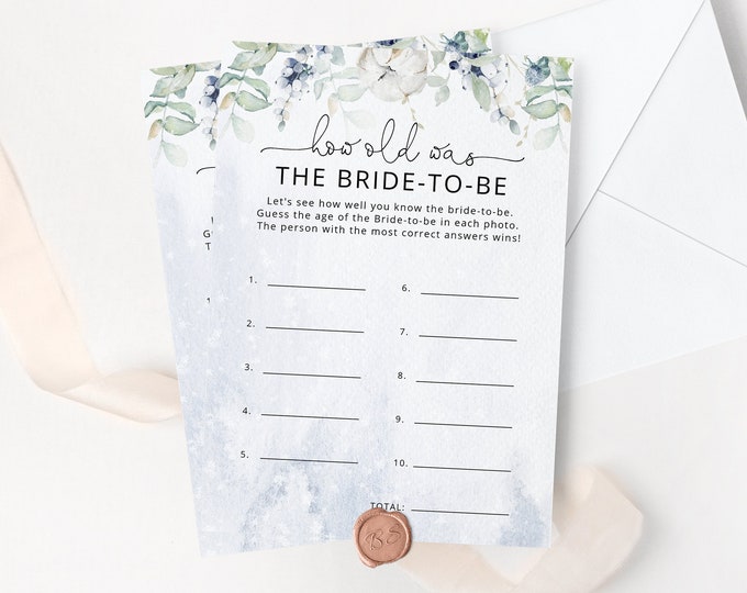 Winter How Old was the Bride, Guess the Brides Age bridal shower game. Snowy Bridal Shower Games Instant Download #wb3